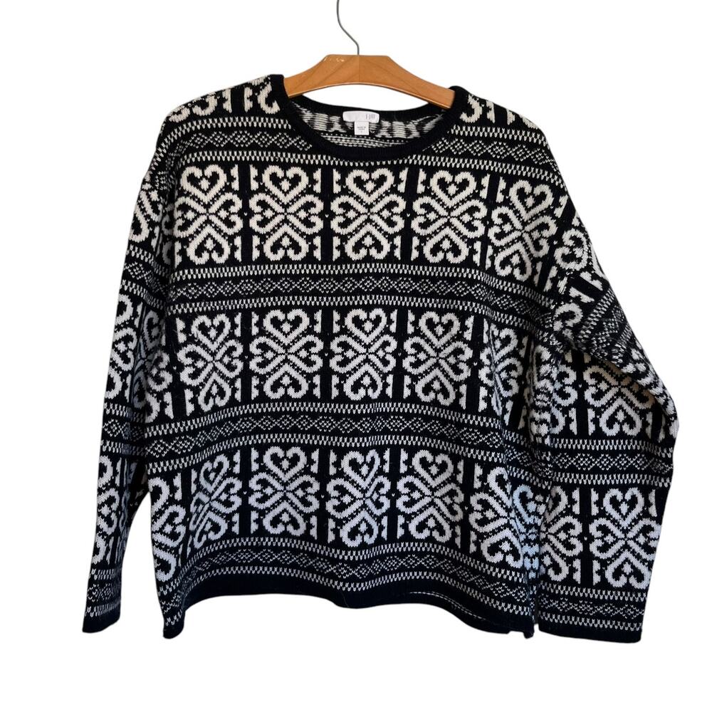 J. Jill Wool Blend Fair Isle Nordic Crewneck Sweater Boxy Pullover Black White L